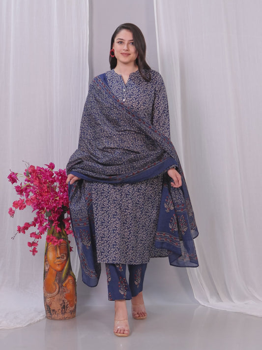 Soft Cotton Floral Straight Blue Kurta