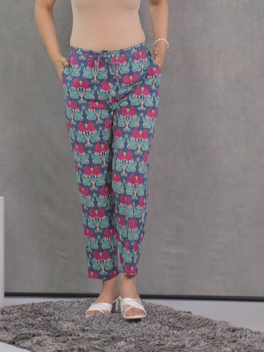 Soft Cotton Geometric Blue Tapered Trousers