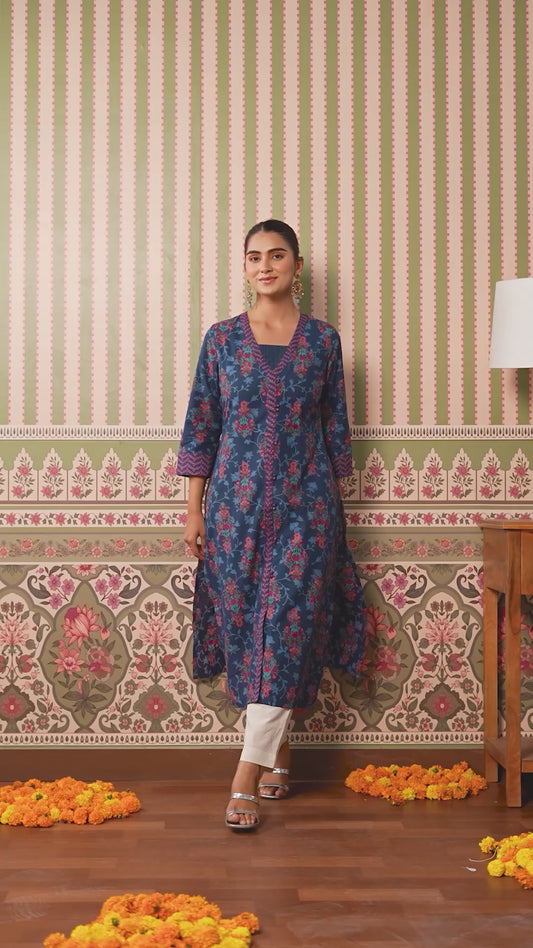 Soft Cotton Floral A-line Indigo blue Kurta