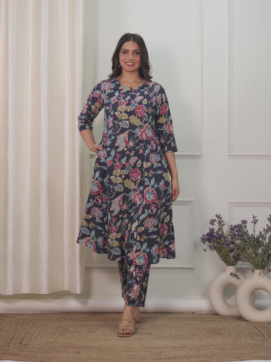 Kantha Cotton Floral Flared Blue Kurta
