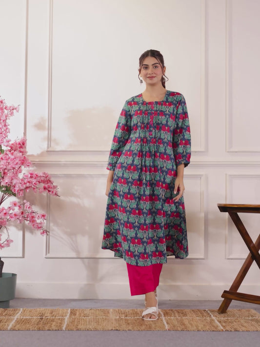 Soft Cotton Floral Flared Blue Kurta