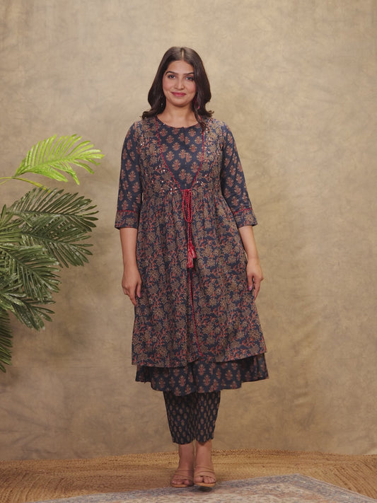 Soft Cotton Ajrakh A-line Navy Blue Kurta