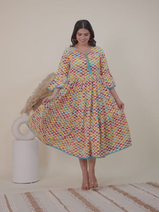 Soft Cotton Geometric Tiered Multicolor Dress