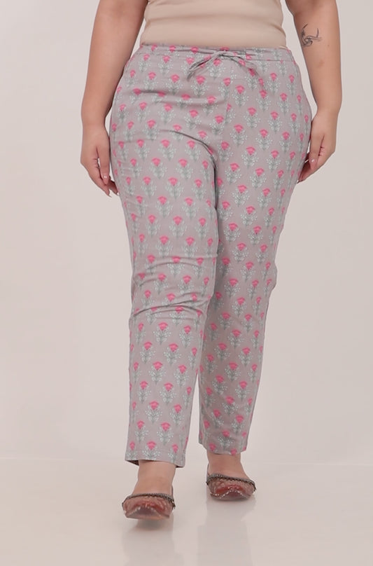 Soft Cotton Floral Grey Tapered Trousers