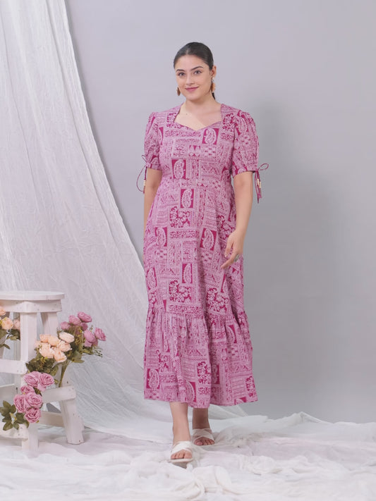 Soft Cotton Patchwork Flared Pink Dress