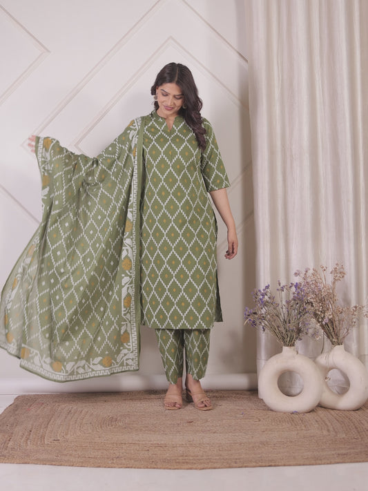 Soft Cotton Geometric Straight Green Kurta