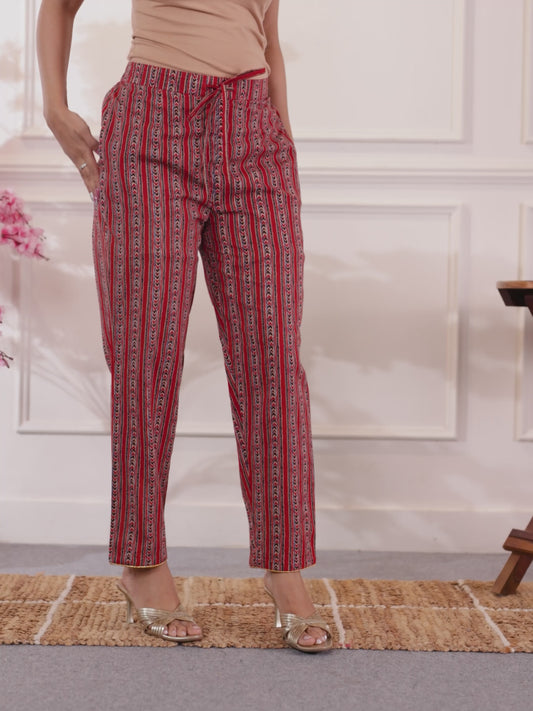 Soft Cotton Striped Red Tapered Tapered Trousers