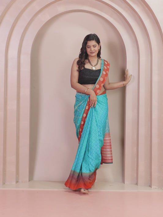 Chiffon Geometric Turquoise Saree