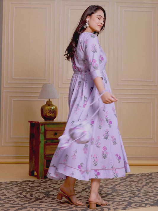Soft Cotton Floral Anarkali Violet Dress