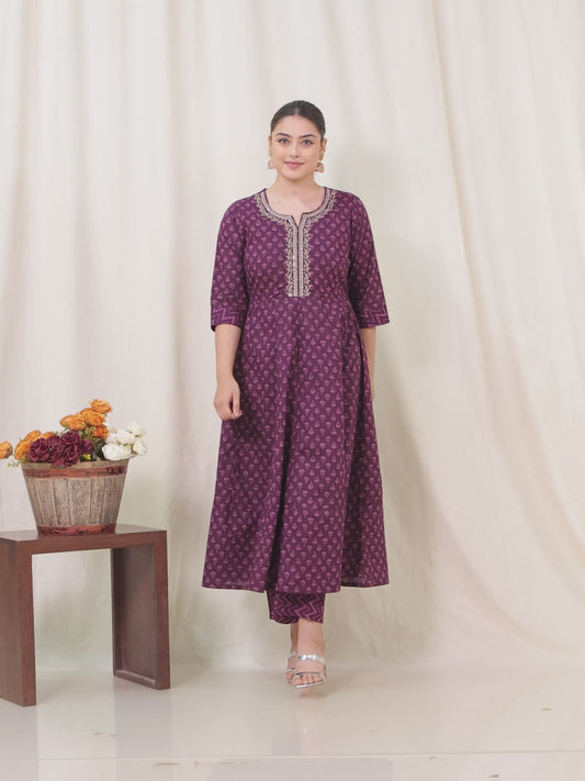 Embroidered Soft Cotton Butti Anarkali Purple Kurta