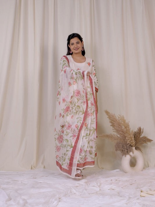 Linen Cotton Floral A-line Off White Kurta