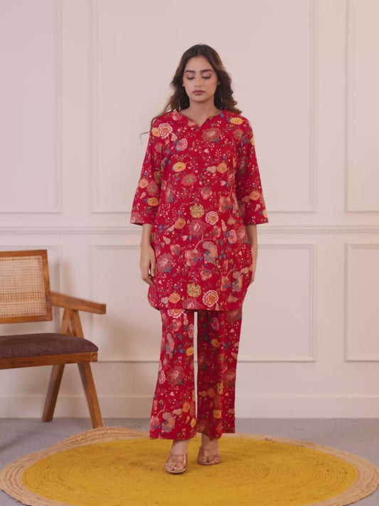 Soft Cotton Floral Straight Red Top
