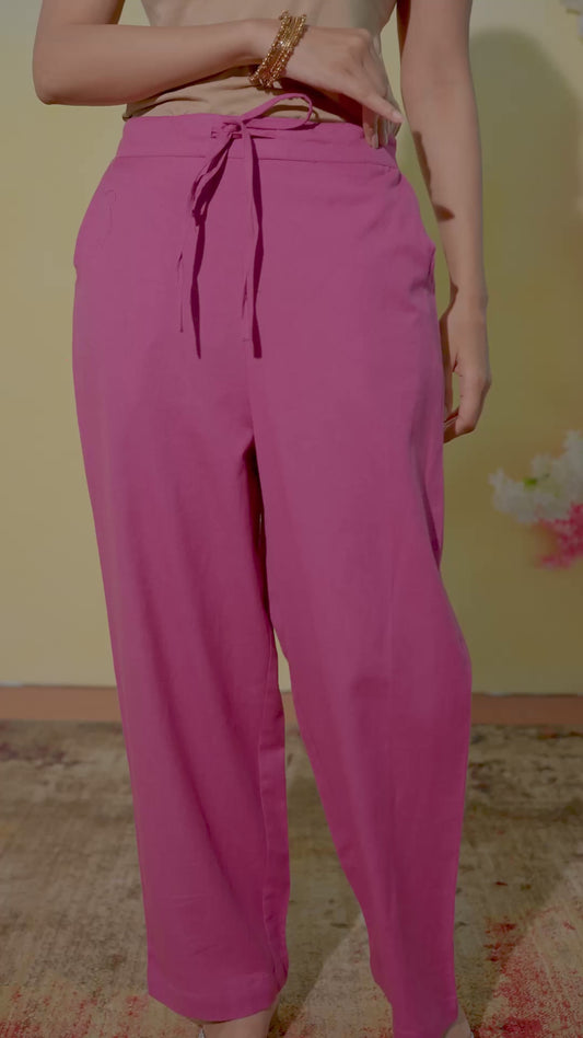 Linen Cotton Solid Pink Straight Trousers