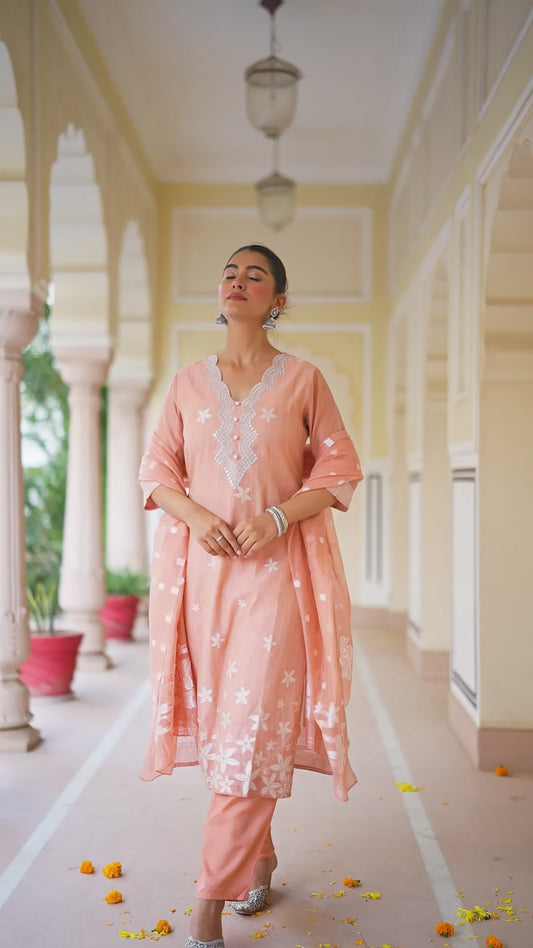 Chanderi Floral Straight Peach Kurta