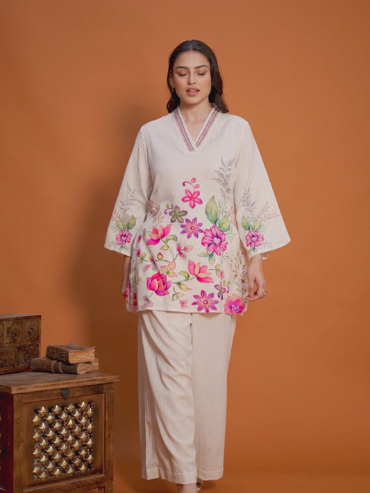 Embroidered Linen Cotton Placement Print Straight Off White Kurta