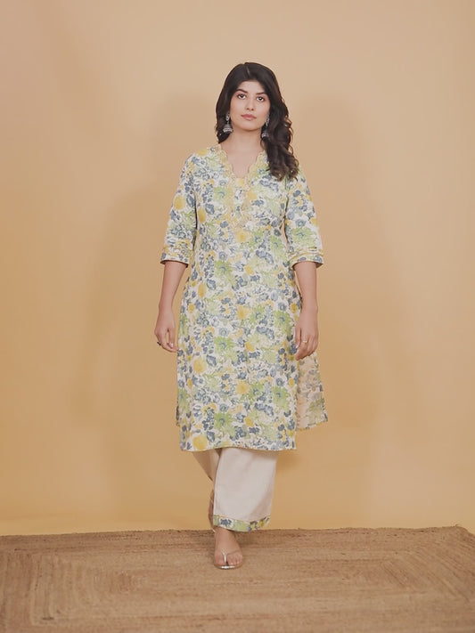 Linen Cotton Floral Kurta