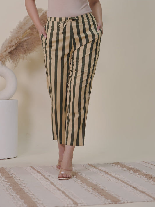 Soft Cotton Striped Cream Tapered Trousers