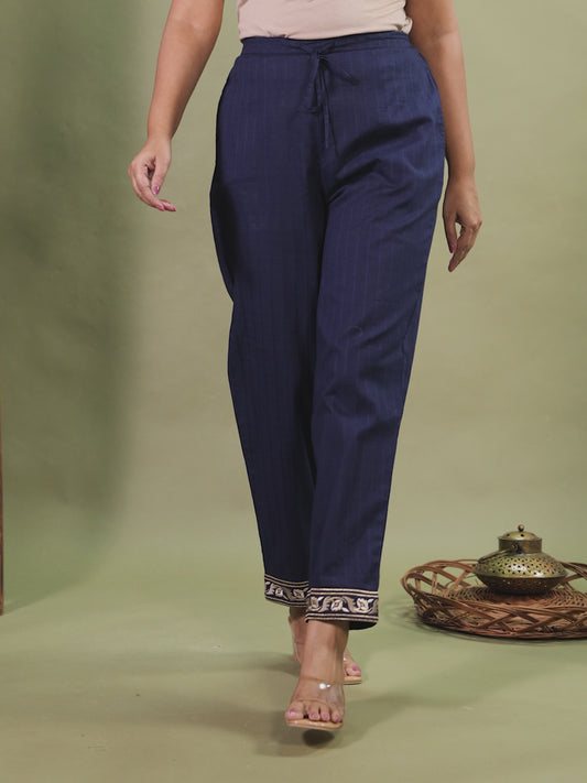 Embroidered Cotton Dobby Solid Navy Blue Tapered Trousers