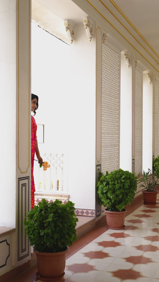 Embroidered Linen Cotton Abstract Flared Orange Kurta