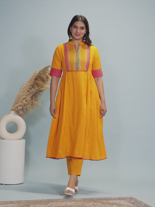 Natural Cotton Solid Panelled Yellow Kurta