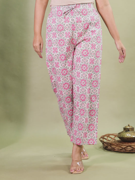 Embroidered Soft Cotton Geometric Pink Straight Trousers