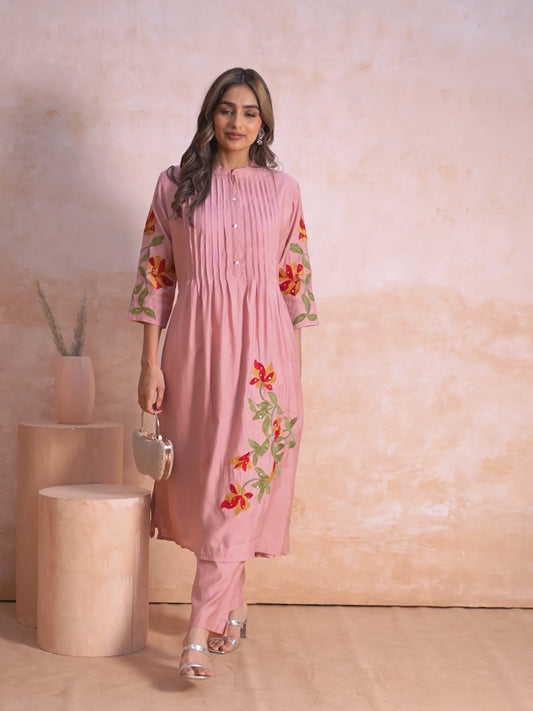 Embroidered Soft Cotton Solid Flared Pink Kurta