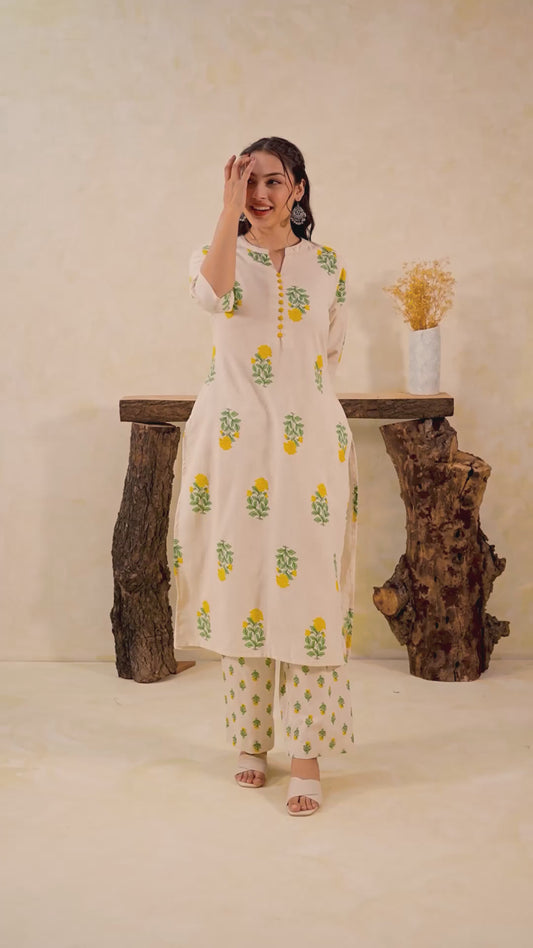 Linen cotton Floral Straight Off White Kurta