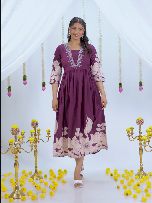 Embroidered Soft Cotton Placement Print Flared Wine Dress