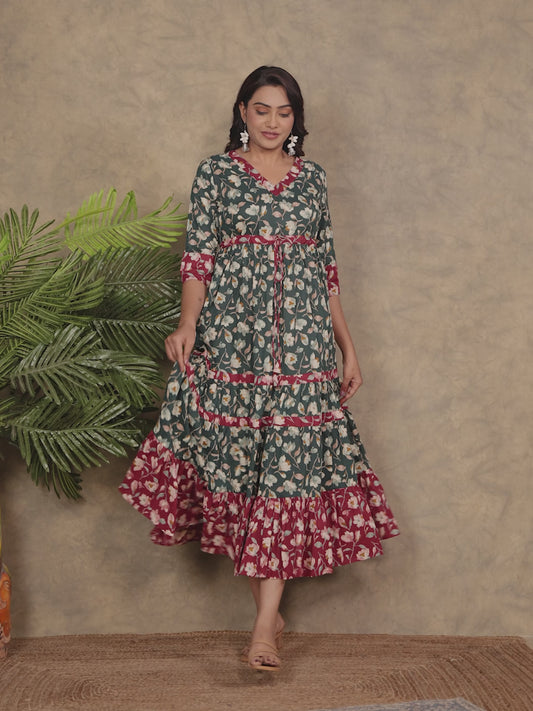 Soft Cotton Floral Flared Green Dress