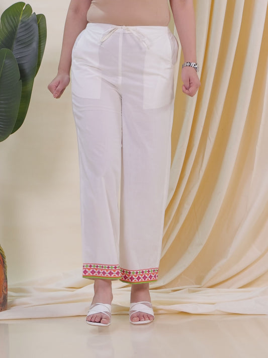 Soft Cotton Solid Off White Straight Straight Trousers
