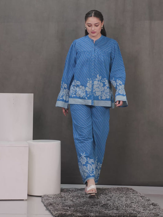 Soft Cotton Placement Print Straight Blue Kurta