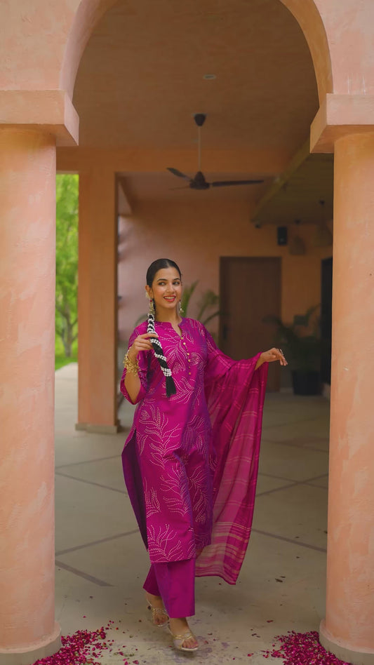Chanderi Gold foil Straight Pink Kurta