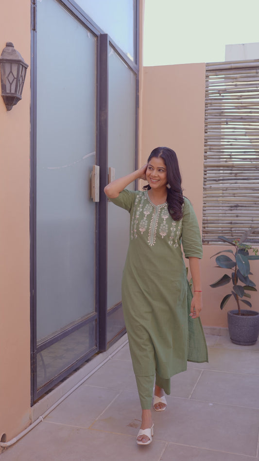 Embroidered Natural Cotton Solid A-line Green Kurta