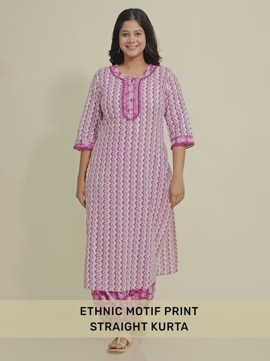 Embroidered Soft Cotton Abstract Straight Pink Kurta