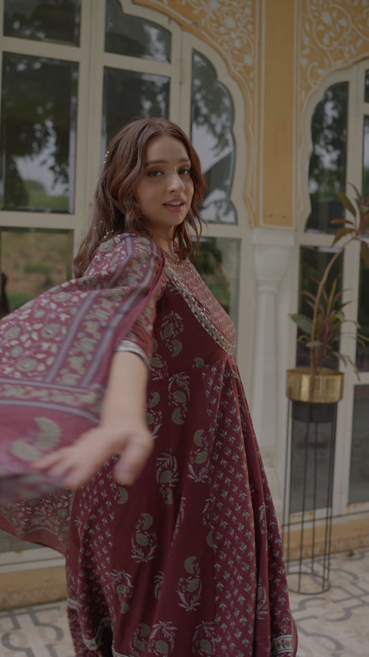 Embroidered Soft Cotton Floral Anarkali Maroon Kurta
