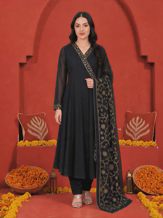 Embroidered Georgette Solid Black Straight Kurta