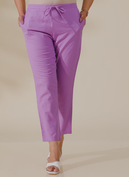 Linen Cotton Solid Purple Tapered Trousers