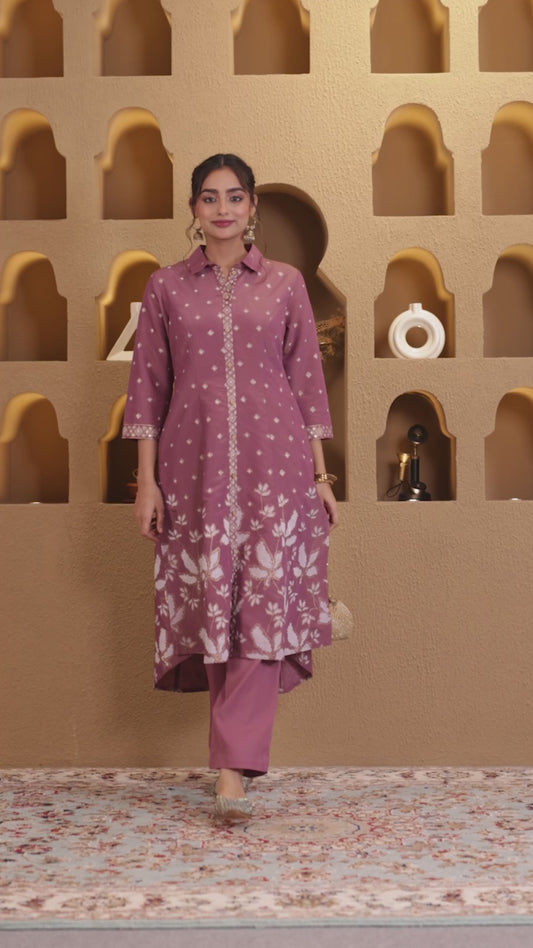 Embroidered Blended Silk Floral High Low Purple Kurta