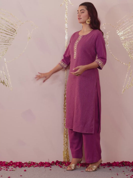 Embroidered Soft Cotton Solid Straight Purple Kurta