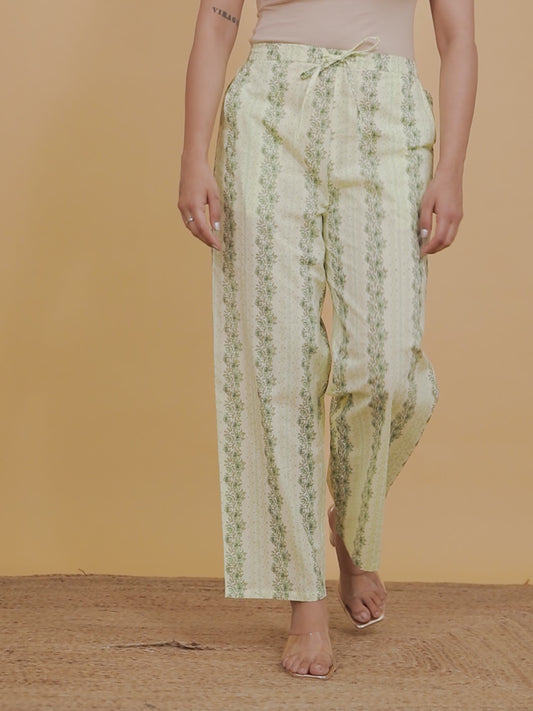 Soft Cotton Striped Green Straight Trousers