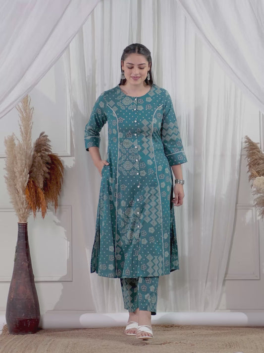 Soft Cotton Patchwork A-line Green Kurta
