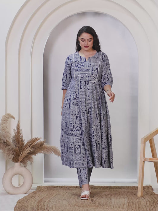 Embroidered Soft Cotton Patchwork Anarkali Navy Blue Kurta