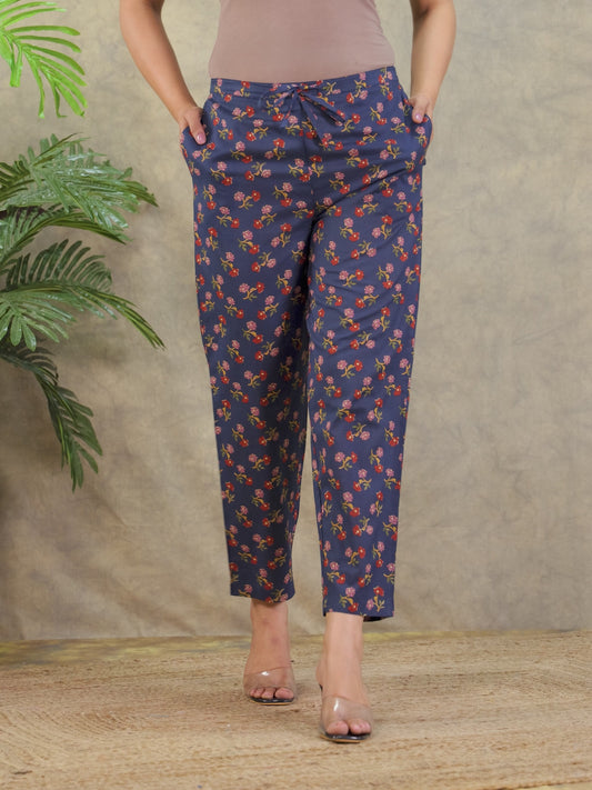 Soft Cotton Floral Navy Blue Trousers  Tapered Trousers