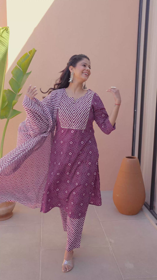 Embroidered Soft Cotton Bandhani Straight Purple Kurta