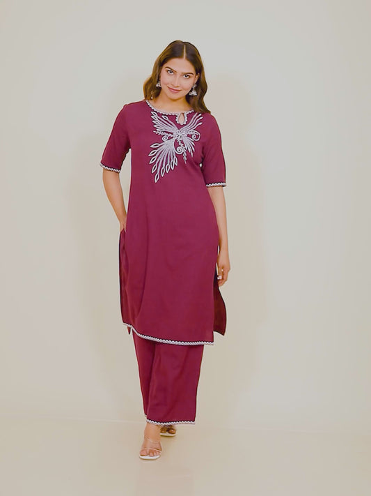 Embroidered Linen Cotton Solid Straight Maroon Kurta