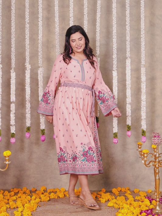 Soft Cotton Floral Gathered Peach Dress