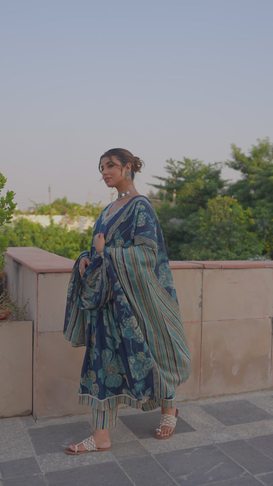 Soft Cotton Floral Anarkali Blue Kurta
