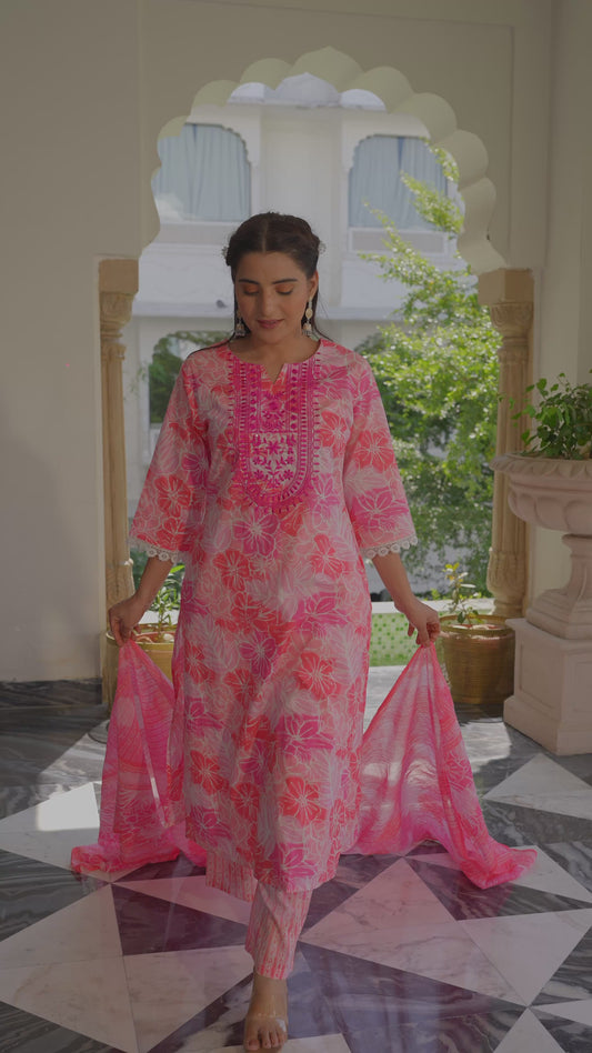 Embroidered Soft Cotton Floral Straight Pink Kurta