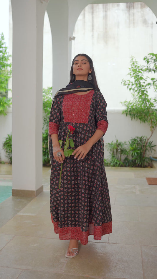 Embroidered Soft Cotton Block Print Anarkali Black Kurta