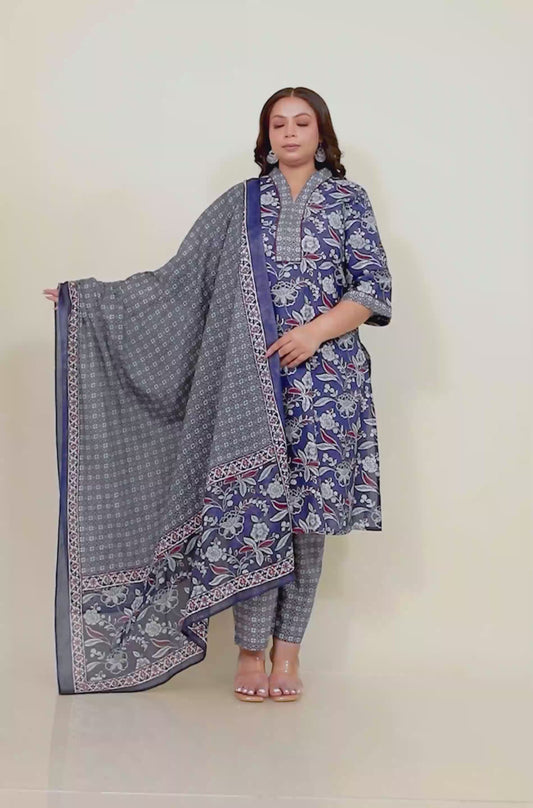 Soft Cotton Floral Straight Blue Kurta